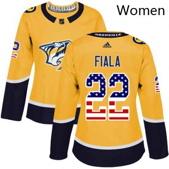 Womens Adidas Nashville Predators 22 Kevin Fiala Authentic Gold USA Flag Fashion NHL Jersey